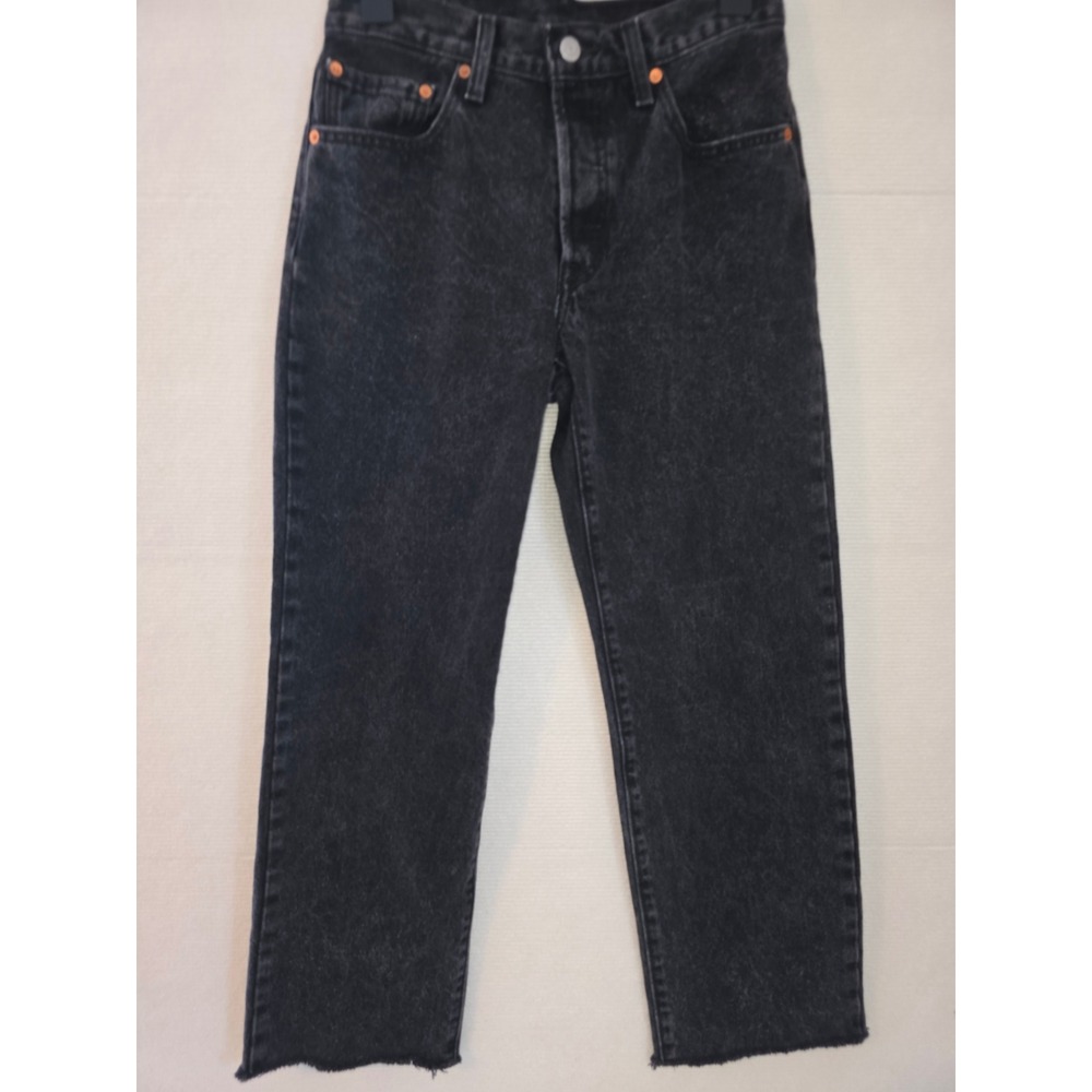 Levis Premium 501 Original High Rise Straight Leg Jeans Washed Black Raw Hem